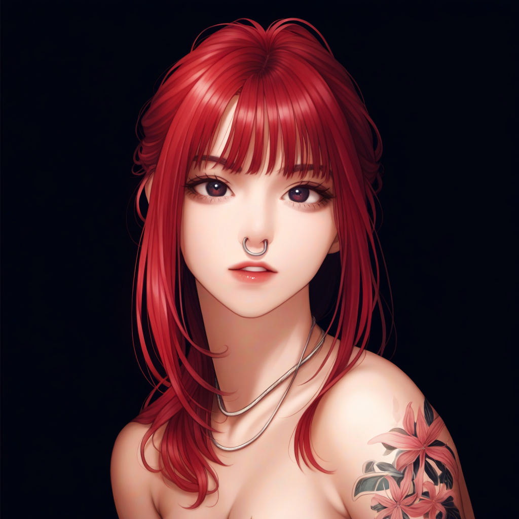 {{{photorealistic}}}, 1girl, long hair, bangs, red hair, tattoos, nose ring, sma s-70671405